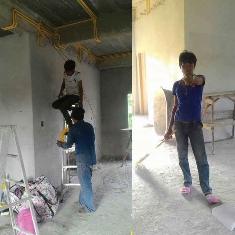 เบื้องหลังการเดินท่อไฟและเตรียมติดตั้งโคมไฟกิ่งติดผนังหน้าบ้าน